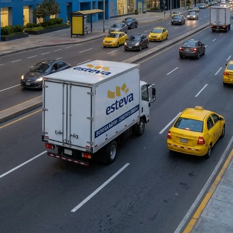 Fotografía de ángulo alto de una calle. En primer plano, un camión de fondo blanco, rotulado con los logos de Papelería Esteva.